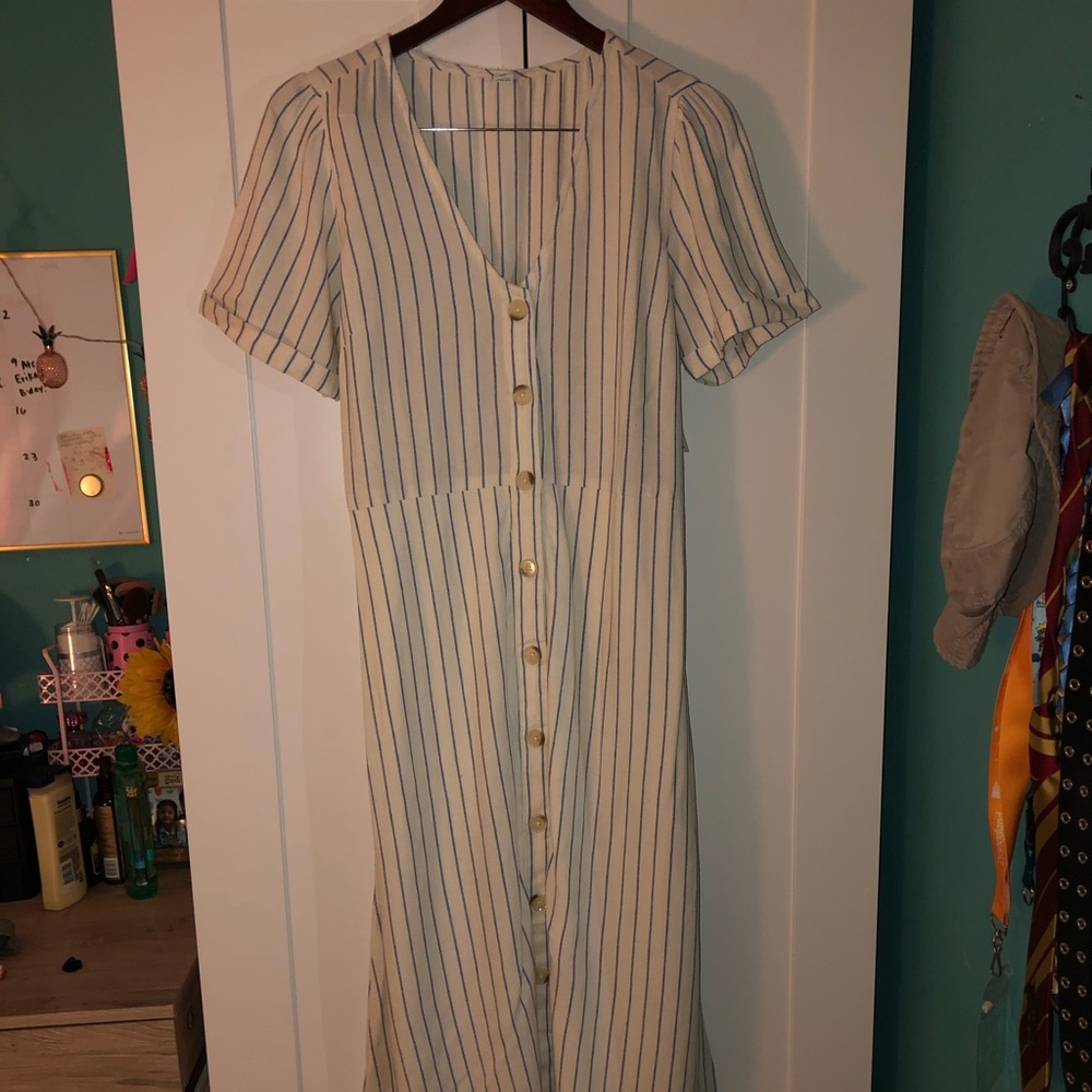 White w/ Blue Striped Midi Dress